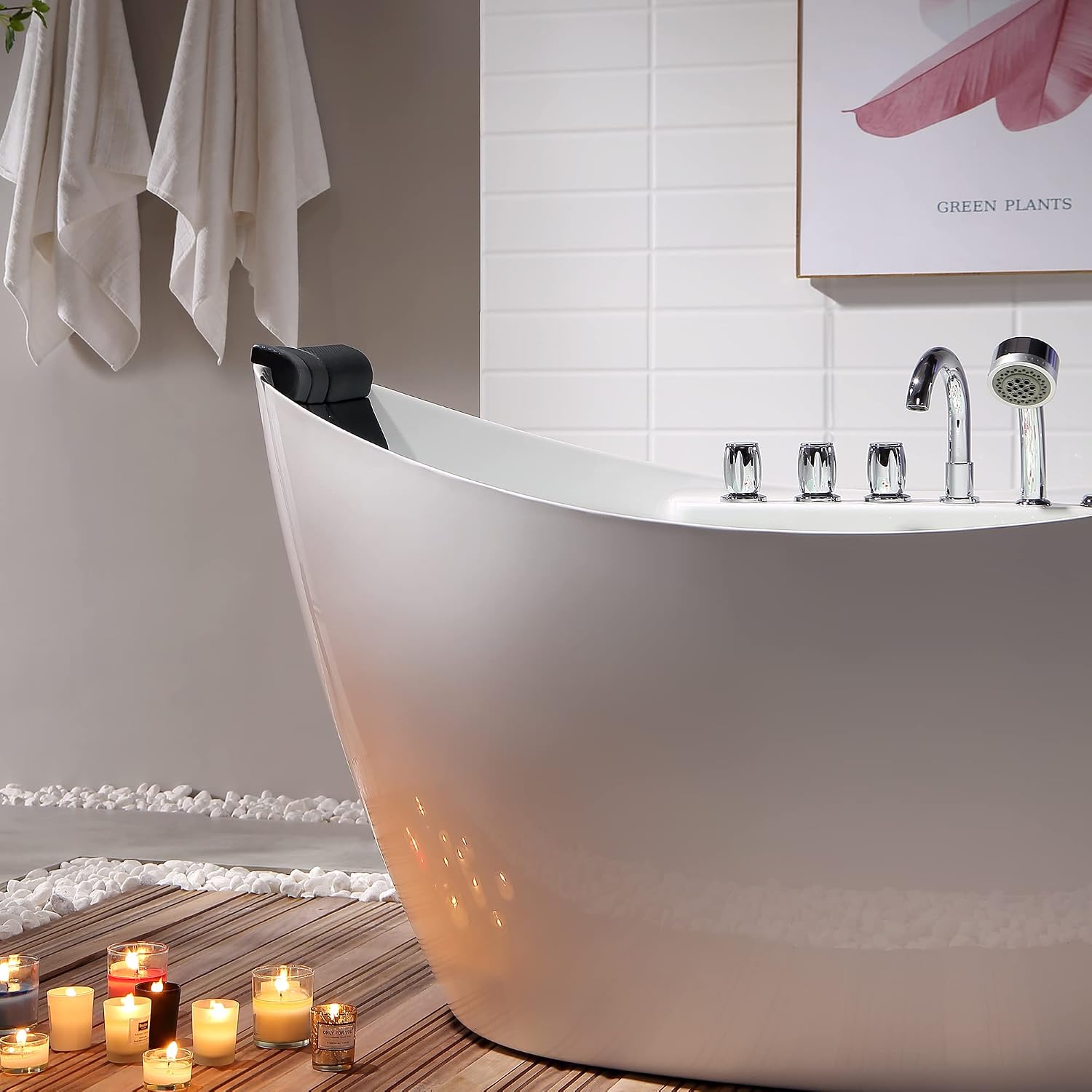 Empava 59 inch Acrylic Freestanding Tub Hydromassage Gracefully Oval Shaped Whirlpool 8 Water Jets Soaking SPA, Double-Ended Massage Bathtub with 2 Black Pillows, White