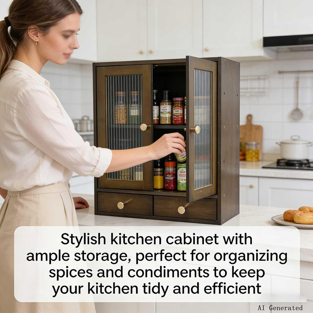 with Magnetic Door Countertop Cabinet，Storage Cabinet, Sideboard，Nanzhu Organizer for Kitchen Living Room Bedroom Bathroom Office with a drawer14.6x6.7x18.1(Brown