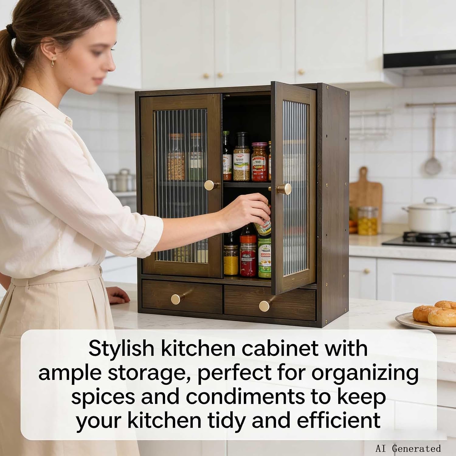 with Magnetic Door Countertop Cabinet，Storage Cabinet, Sideboard，Nanzhu Organizer for Kitchen Living Room Bedroom Bathroom Office with a drawer14.6x6.7x18.1(Brown