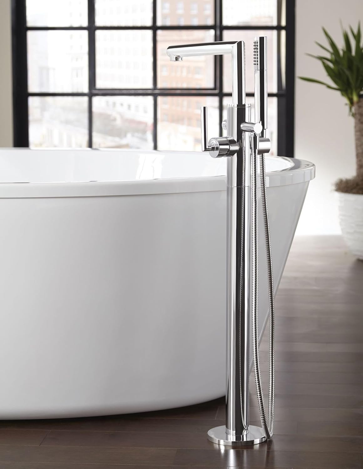 Moen S93005 Arris One-Handle Modern Freestanding Floor Mount Tub Filler with Handshower, Chrome