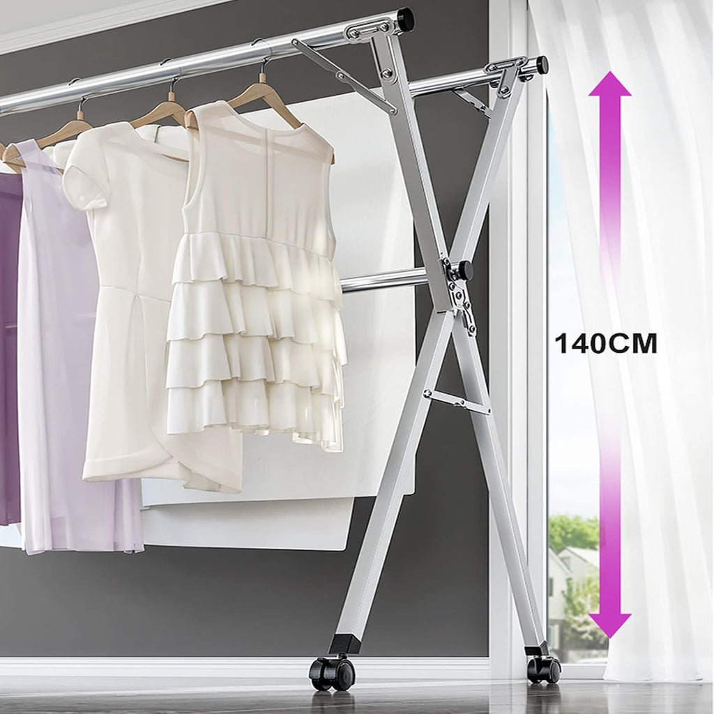 Clothes Drying Rack, Stainless Steel Laundry Dry Racks, Laundry Drying Rack Collapsible, Foldable Adjustable Garment Rack with Windproof Hooks, for Indoor Outdoors (2.4m)