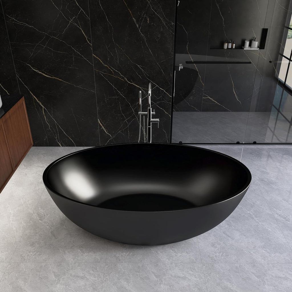 Oval 67' Freestanding Tub, Solid Surface Bathtub Matte Black | Stone Resin, Overflow and Pop up Drain, Solid Surface Bathroom Soaking Tub, Cupc Certified, Contemporary