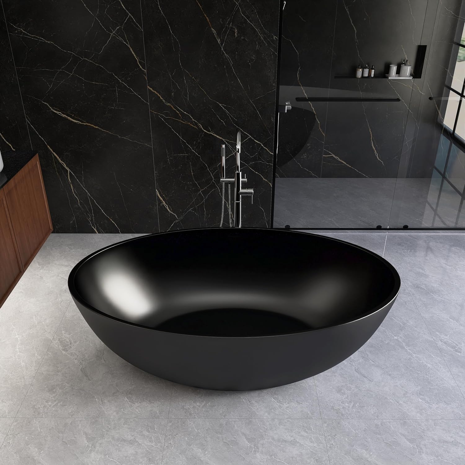 Oval 67' Freestanding Tub, Solid Surface Bathtub Matte Black | Stone Resin, Overflow and Pop up Drain, Solid Surface Bathroom Soaking Tub, Cupc Certified, Contemporary