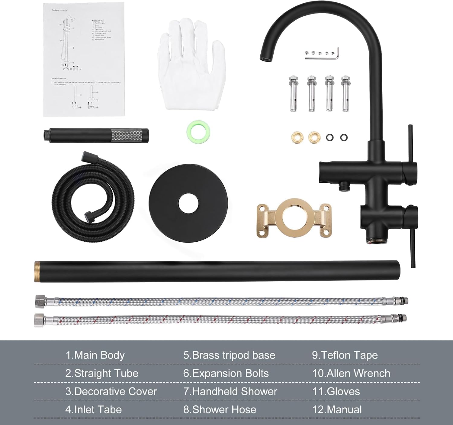 Freestanding Tub Filler Faucet, Floor Mount Matte Black Bathtub Faucet with Single Handheld Shower, Brass Shower Tub Faucet Set Complete, Bathtub Faucet with Shower