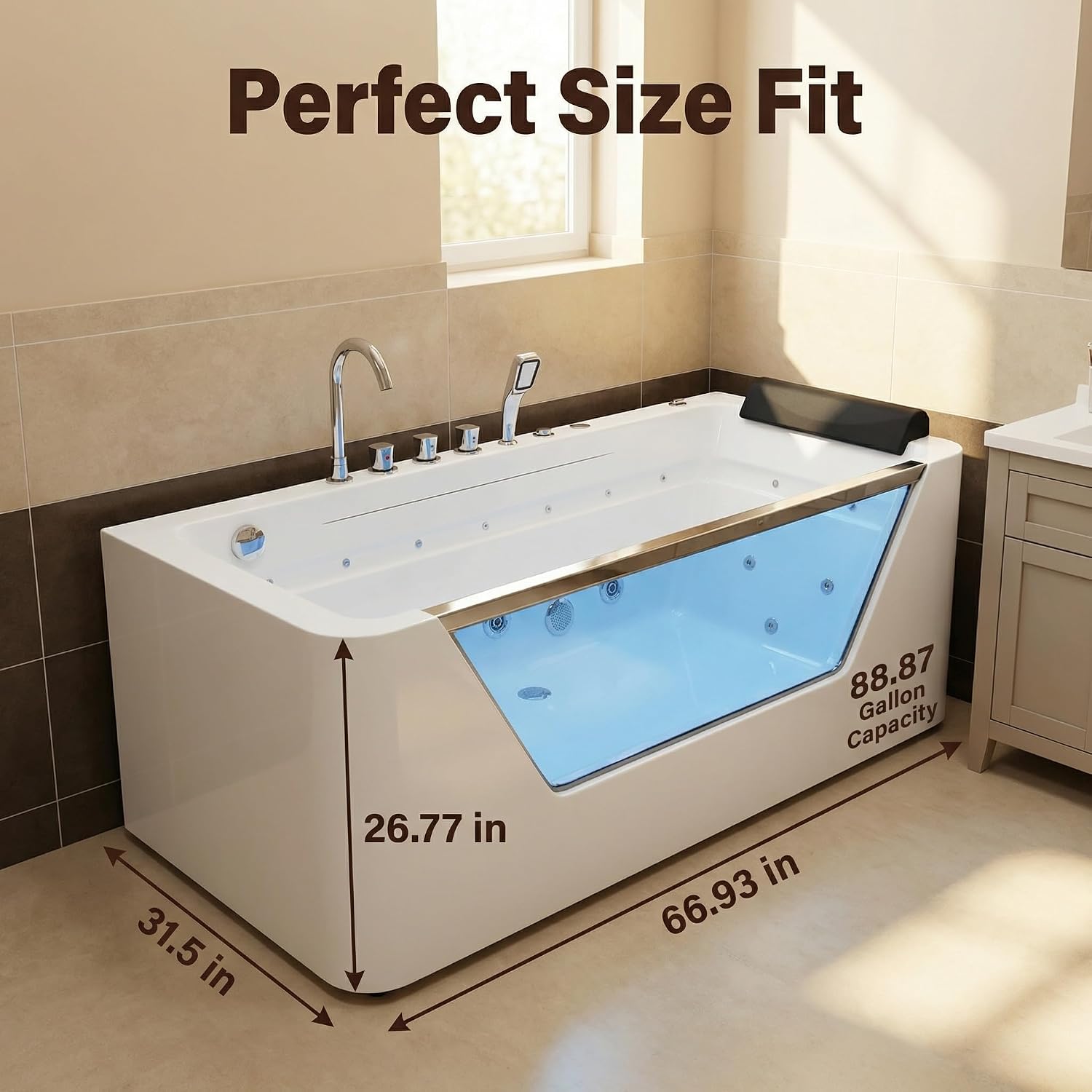 67' Whirlpool Bathtub, Jetted Hydrotherapy Tub with 7 Adjustable Jets & Glass Panel, 89-Gallon 3-Side Apron Alcove Soaking Tub in White