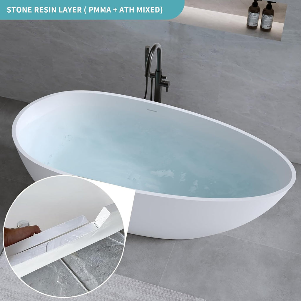 59' Stone Resin Freestanding Bathtub, Egg Shell Shaped Solid Surface Bathroom Freestanding Tubs, Stand Alone Soaking Tubs with Integrated Slotted Overflow and Drain, Matte White