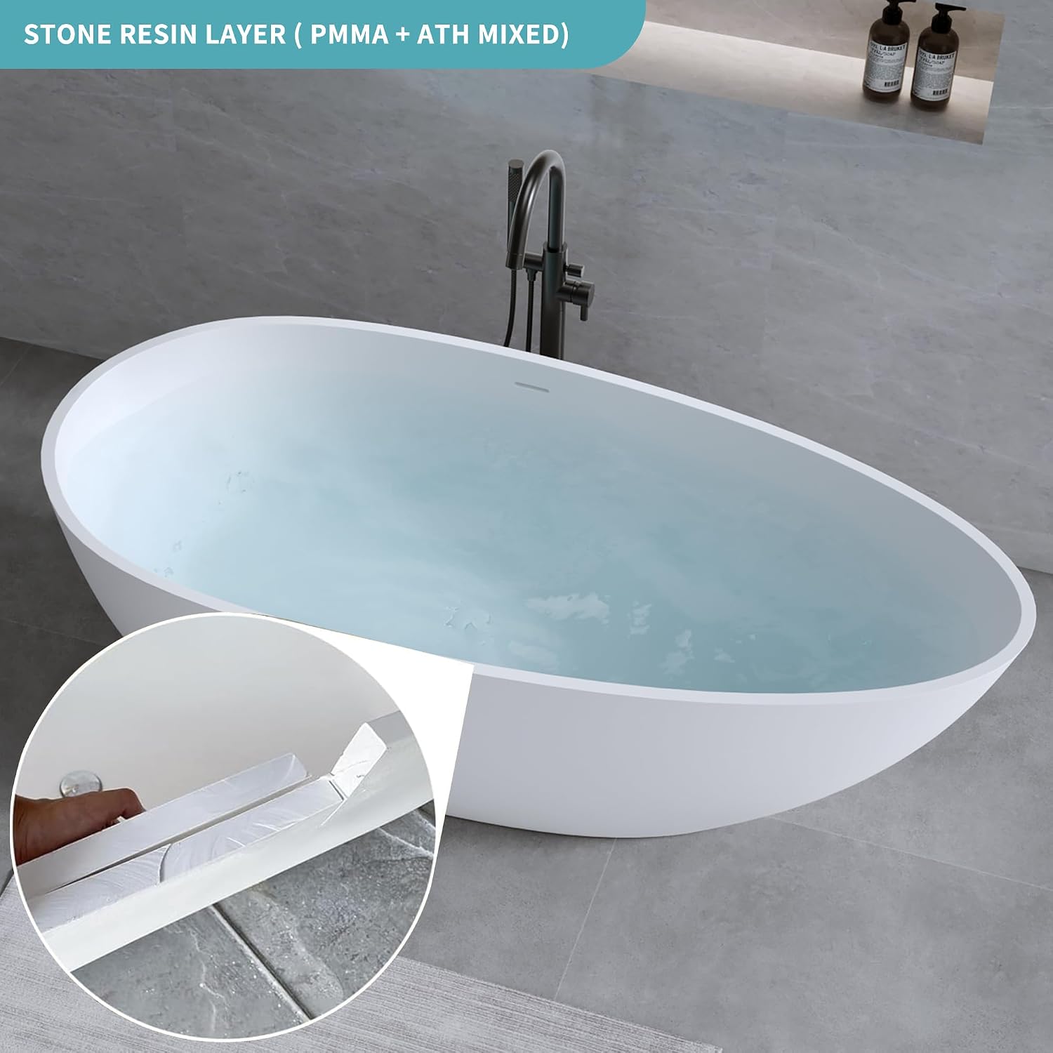 59' Stone Resin Freestanding Bathtub, Egg Shell Shaped Solid Surface Bathroom Freestanding Tubs, Stand Alone Soaking Tubs with Integrated Slotted Overflow and Drain, Matte White