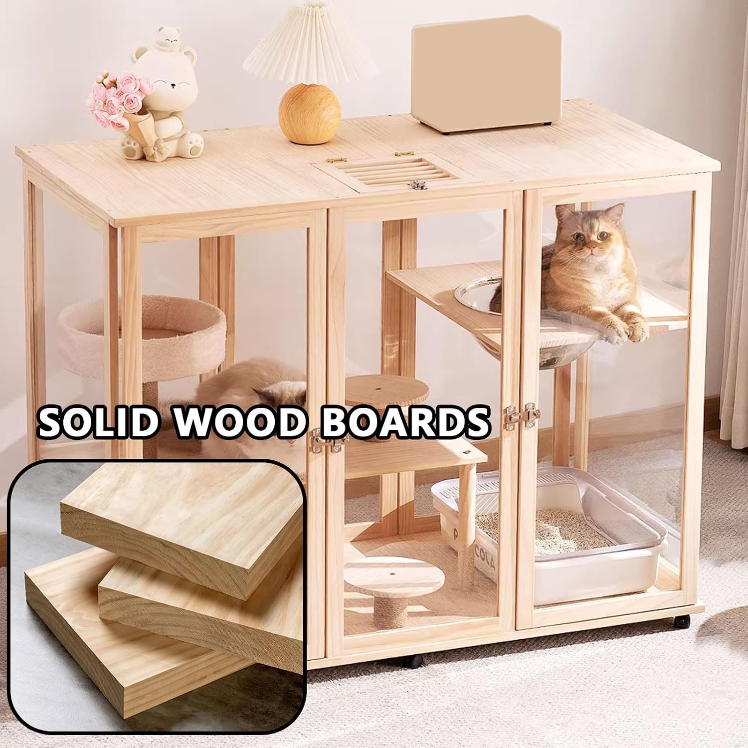 Cat Villa Wooden Cat Cage 4 Features Braked Casters and A Top Skylight Magnetic Cabinet Doors Suitable for 1-2 Cats Top Storage Space Cat Condo(90 * 60 * 95cm)