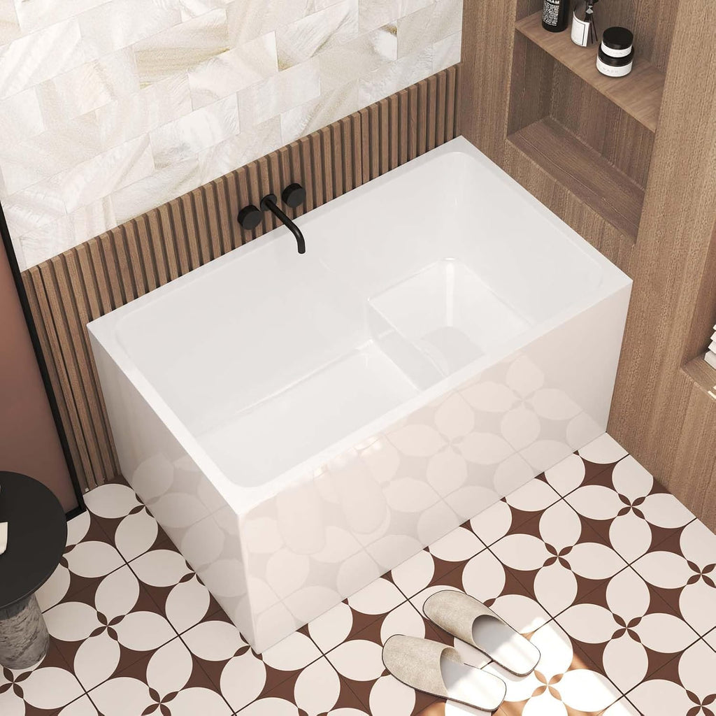 47' Acrylic Freestanding Tub with Seat, Square Shape Soaking Bathtub with Chrome Overflow and Left Drain, Free Standing Acrylic-Bathtubs White