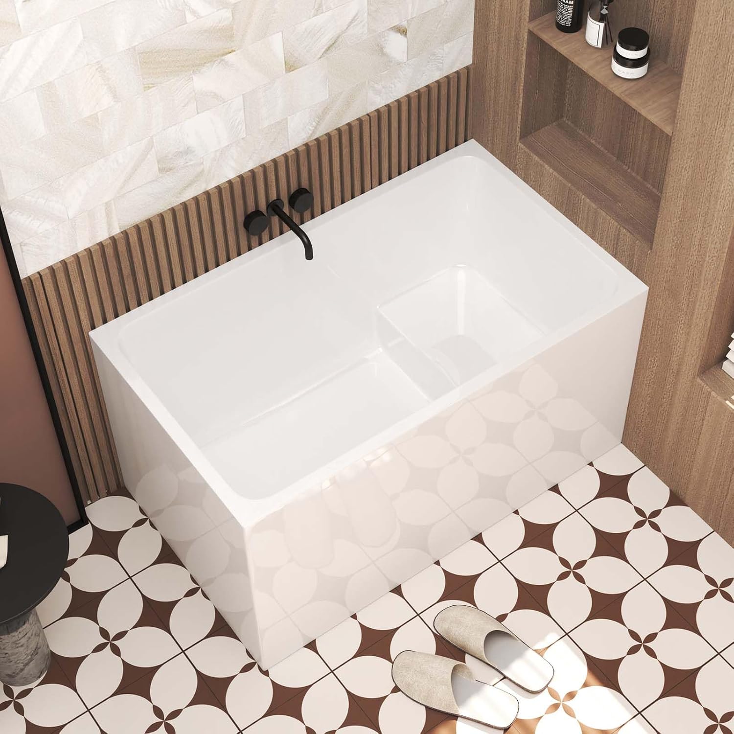 47' Acrylic Freestanding Tub with Seat, Square Shape Soaking Bathtub with Chrome Overflow and Left Drain, Free Standing Acrylic-Bathtubs White