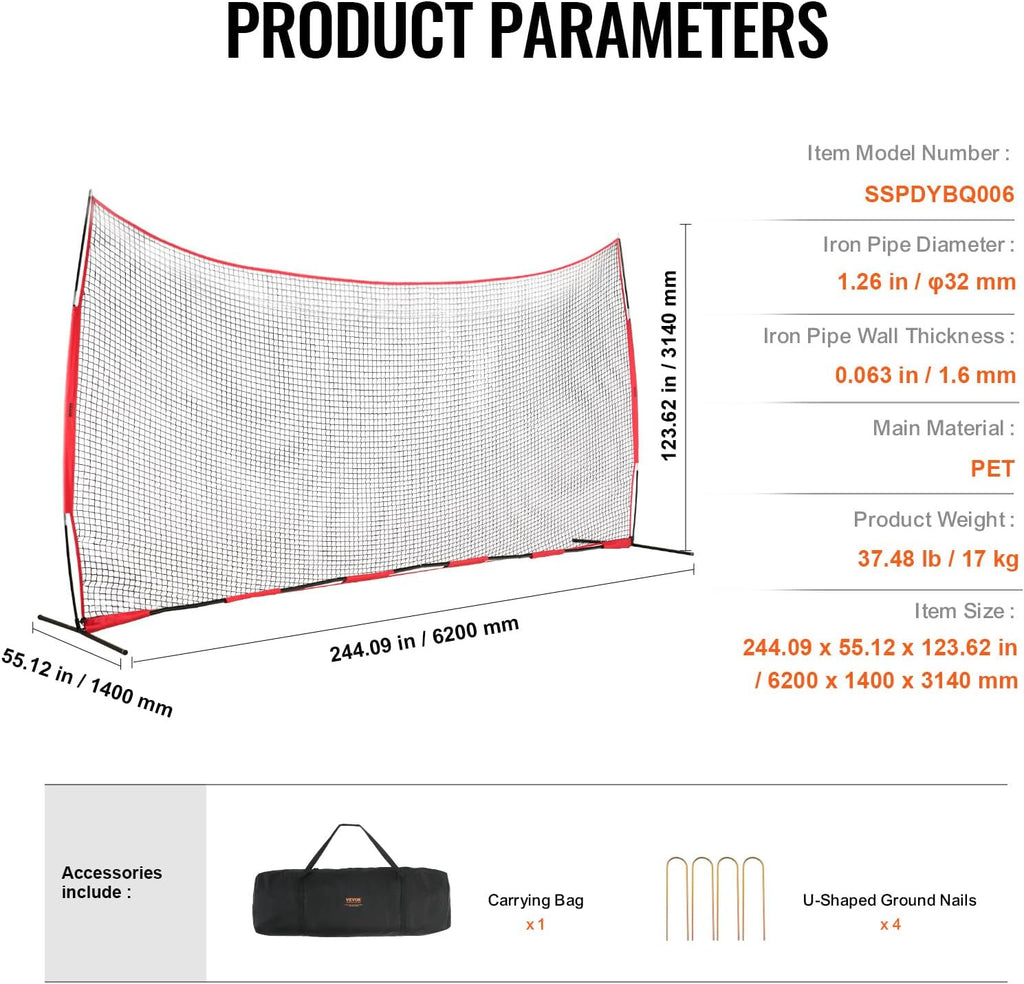 VEVOR 7X7ft/12X9ft/16X10ft/20x10ft Barricade Backstop Net, Ball Sports Barrier Netting, Portable Practice Net for Baseball Softball Lacrosse Hockey Basketball Equipment Training Net