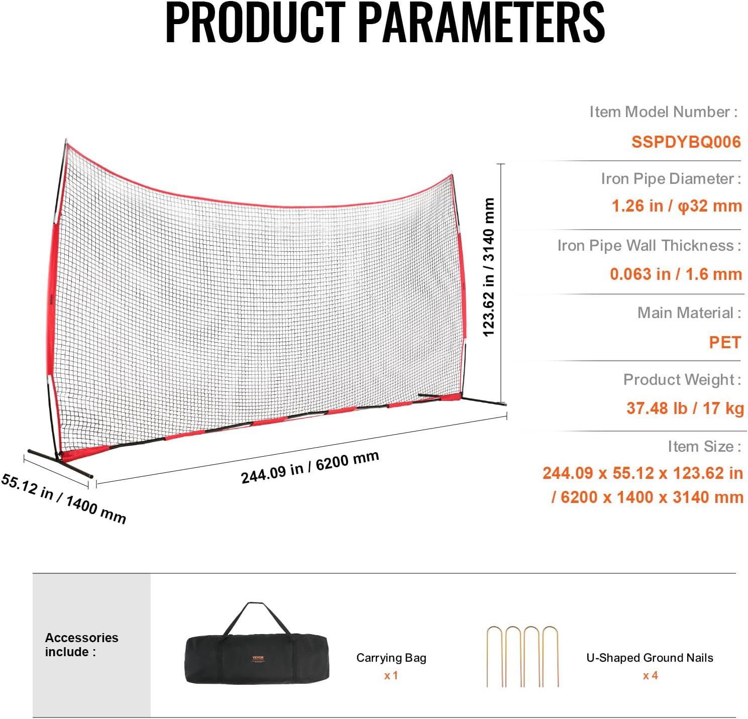 VEVOR 7X7ft/12X9ft/16X10ft/20x10ft Barricade Backstop Net, Ball Sports Barrier Netting, Portable Practice Net for Baseball Softball Lacrosse Hockey Basketball Equipment Training Net