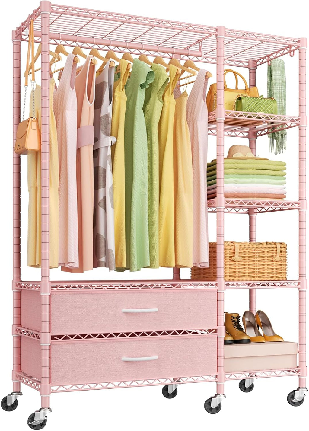 Ulif F3R Heavy Duty Clothes Rack（With Lockable Wheels）Freestanding Clothing Racks for Hanging Clothes，Adjustable Closet Organizer System，Portable Garment Rack 40'W x 15'D x 74'H，Max Load 700LBS，Pink