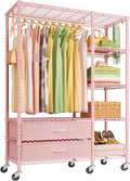 Ulif F3R Heavy Duty Clothes Rack（With Lockable Wheels）Freestanding Clothing Racks for Hanging Clothes，Adjustable Closet Organizer System，Portable Garment Rack 40'W x 15'D x 74'H，Max Load 700LBS，Pink