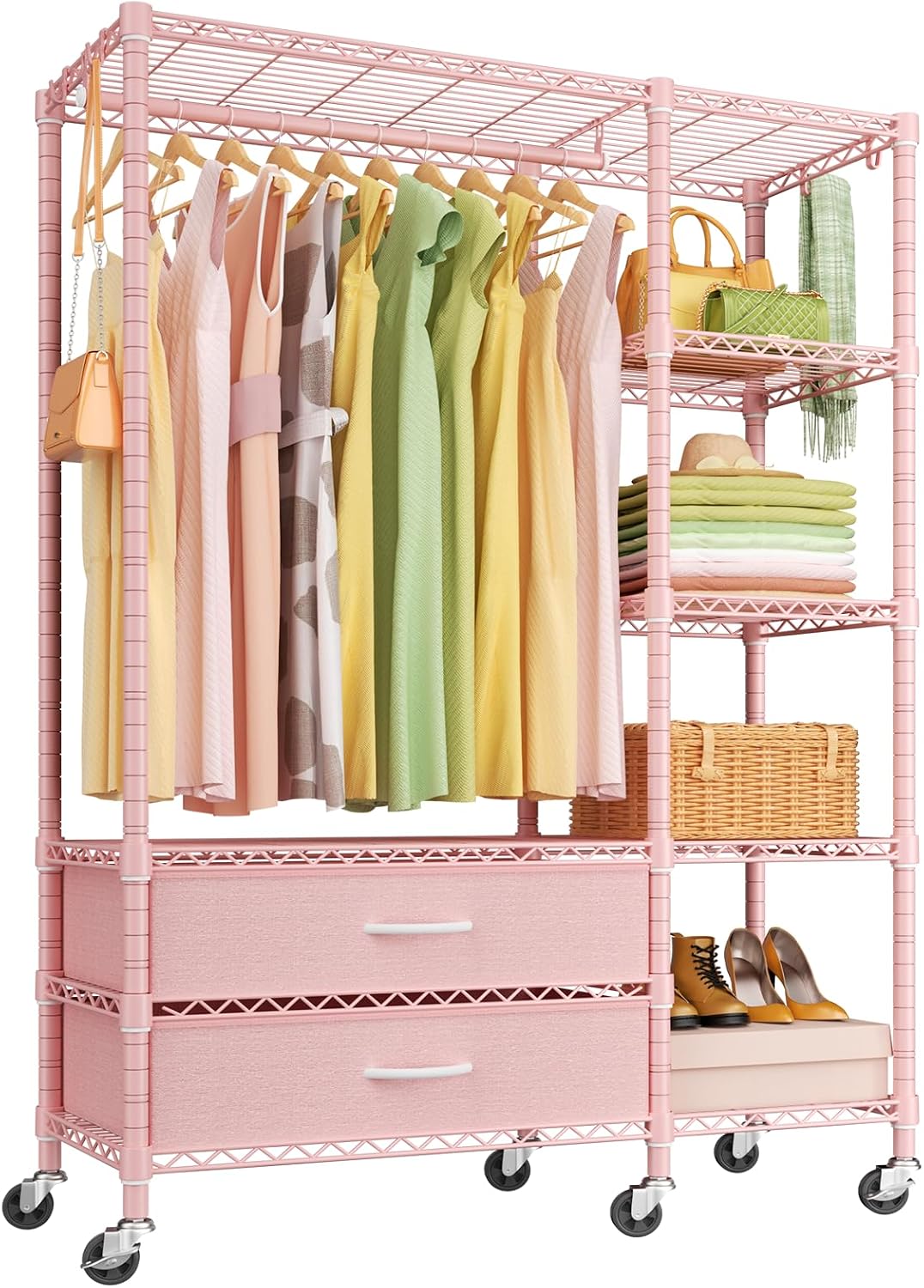 Ulif F3R Heavy Duty Clothes Rack（With Lockable Wheels）Freestanding Clothing Racks for Hanging Clothes，Adjustable Closet Organizer System，Portable Garment Rack 40'W x 15'D x 74'H，Max Load 700LBS，Pink