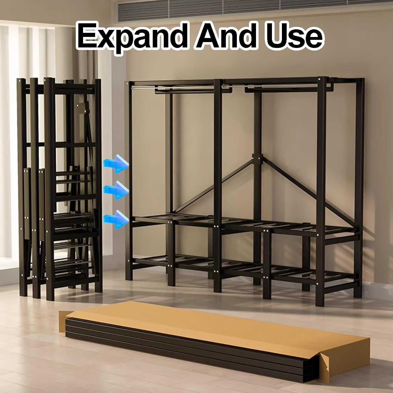 Heavy Duty Portable Wardrobe Closet, Foldable Clothe Rack With Cover, Metal Clothing Armoire Storage System Garment Racks, For Bedrooms(C,151cm)