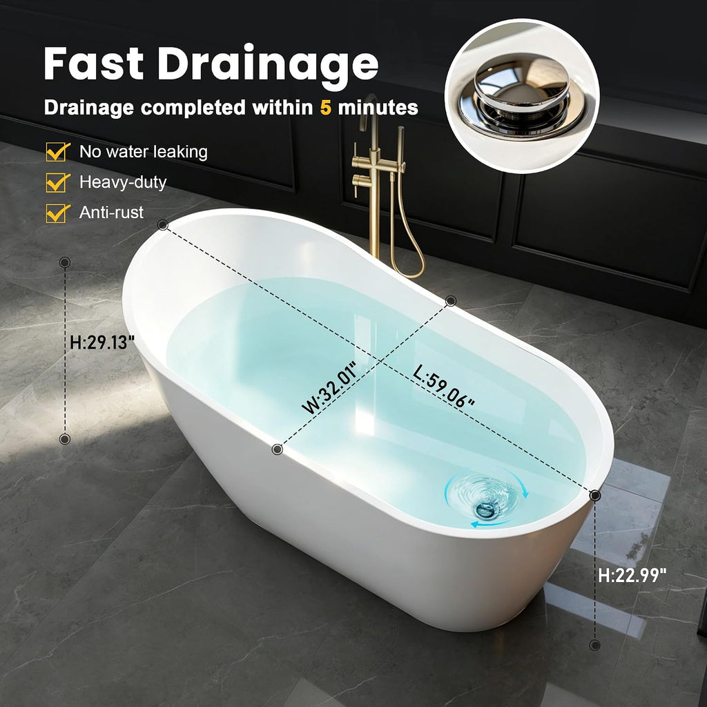 59' High-Back Acrylic Freestanding Bathtub, Stand Alone Tub, Soaking Tubs for Bathroom, Free Standing Tub with Integrated Overflow and Drain, cUPC Certified, Gloss White