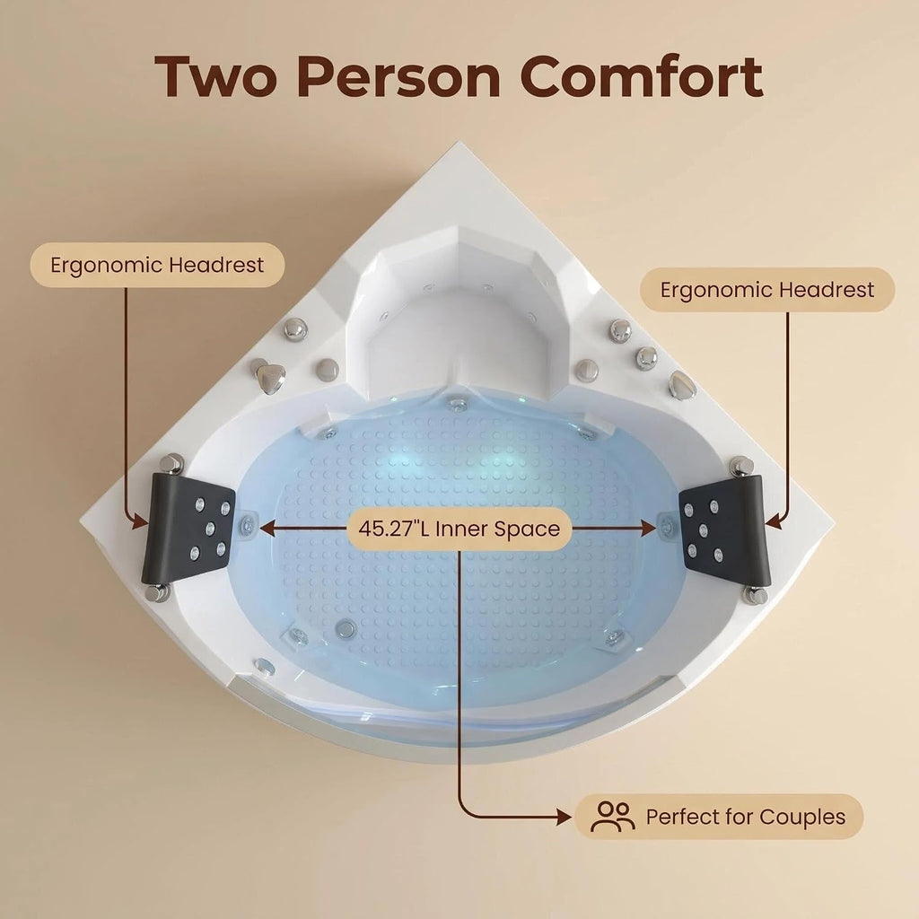59' Corner Whirlpool Bathtub with 20 Multi-Directional Jets, 110-Gallon Capacity & LED Chromotherapy Ambient Lighting for Spa-Like Relaxation,Milk White