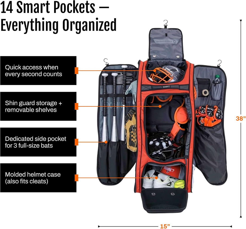 Bownet Commander Rolling Catcher's Gear Bag with Wheels – Baseball & Softball Equipment Bag for Travel Ball, Youth & Adult, 14 Pockets, Molded Helmet Case, Airline Approved
