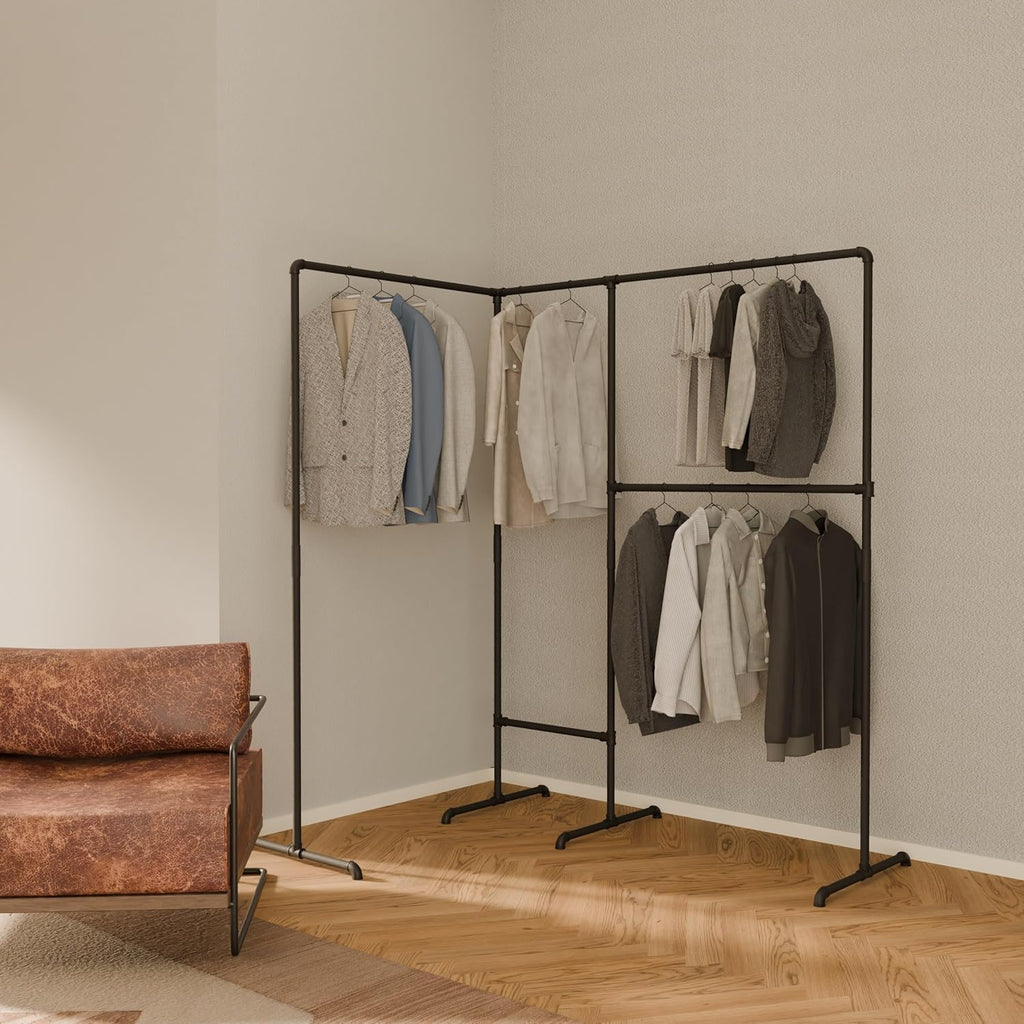 pamo Corner Clothes Rack – Freestanding L-Shaped Double Rail Clothing Rack Industrial Pipe I Heavy Duty Corner Wardrobe Rack Black I Width 70' Holds up to 220 lbs