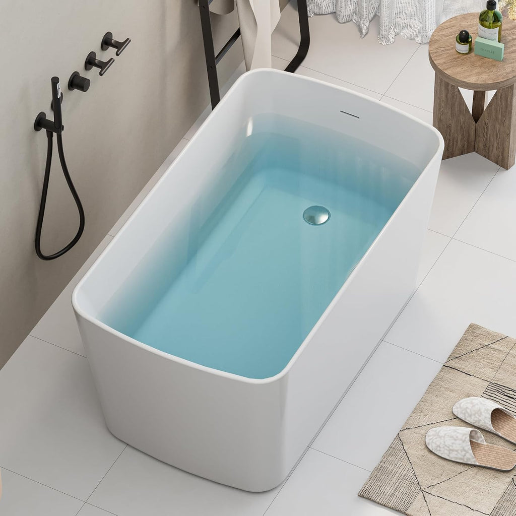 49' Acrylic Freestanding Bathtubs, Square Shaped Japanese Soaking Tub, Stand Alone Tubs W/Pop-UP Chrome Drain, Slotted Overflow, cUPC Certified, Glossy White (Without Seat)