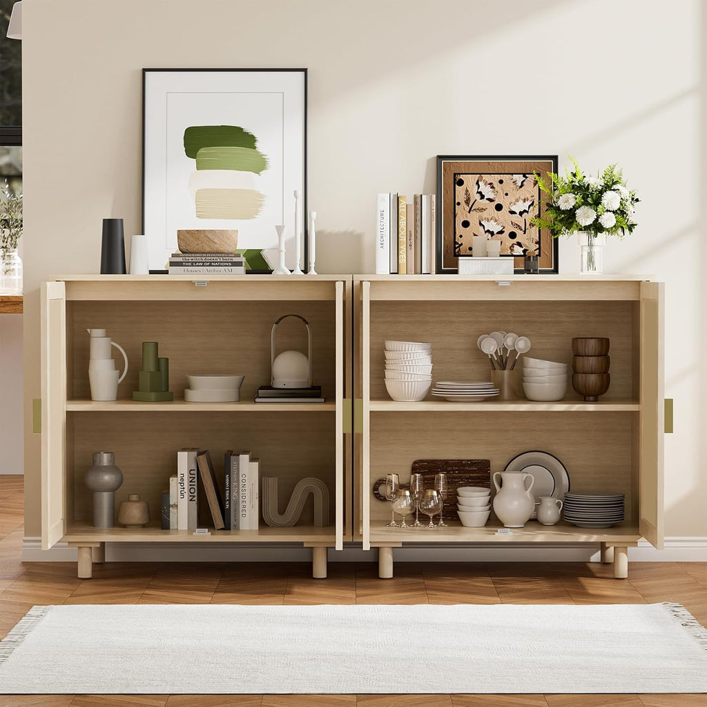 Rattan Storage Cabinet, Beige Boho Sideboard with Adjustable Shelf, Magnetic Door Latch. [2pcs, Beige]