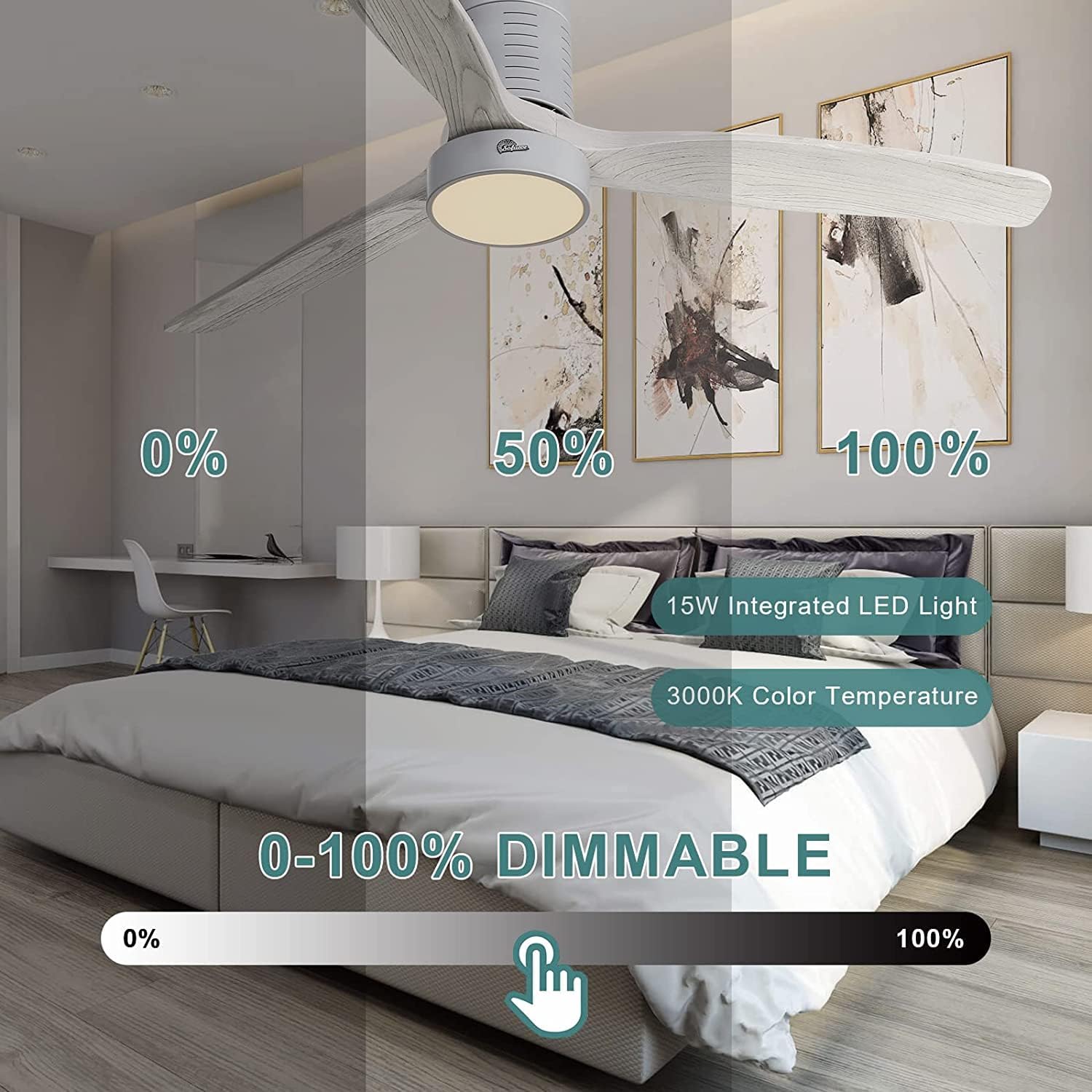 Sofucor 52 Inch Flush Mount Ceiling Fans with Lights, Solid Wood Ceiling Fan with Light Remote Control, Quiet DC Motor, 3 Blade Modern Ceiling Fan for Bedroom Living Room Farmhouse Patio