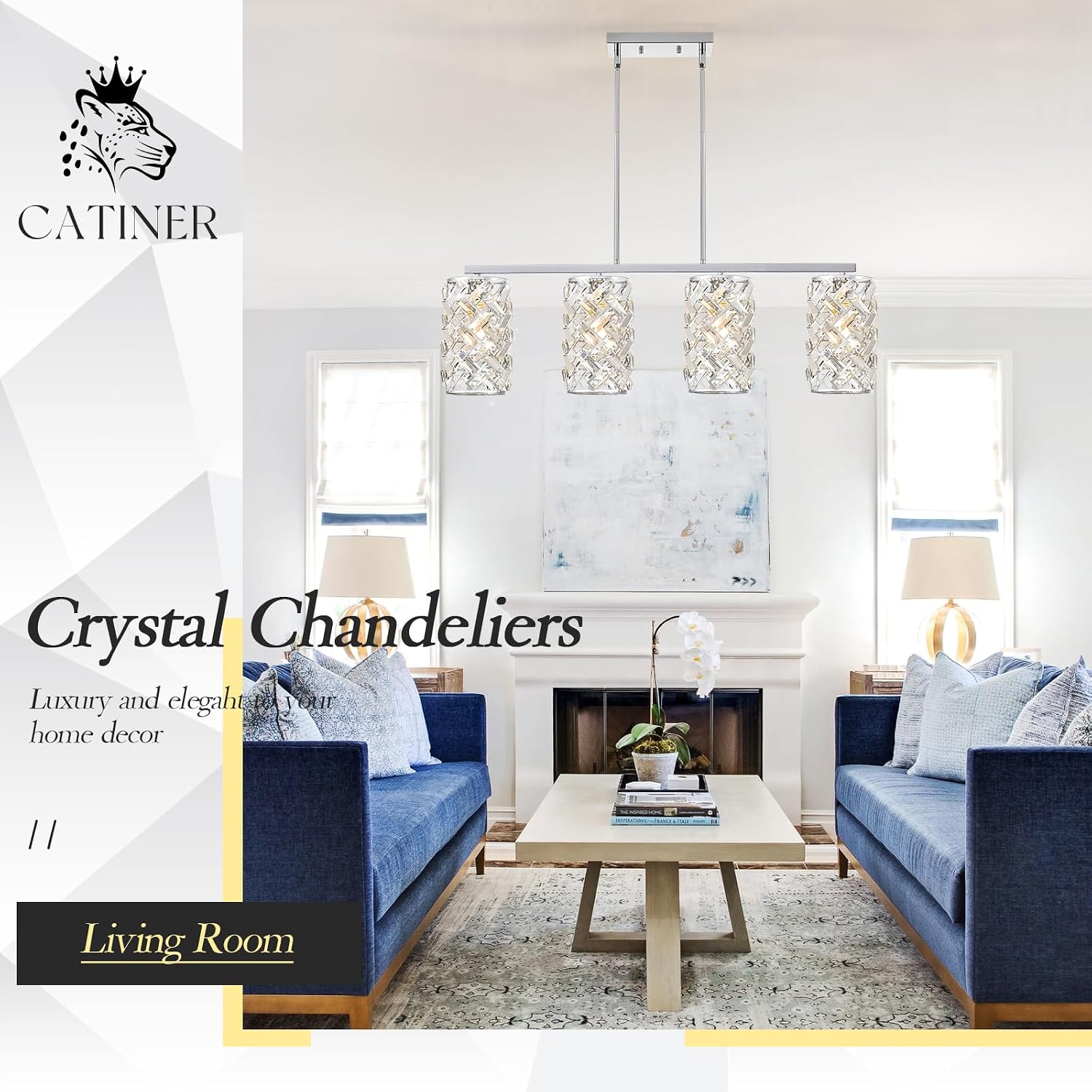 CATINER Chrome Crystal Kitchen Island Lighting 40' Modern Linear Chandelier, 4 Lights Polished Chrome Ceiling Pendant Light Fixture Over Table for Dining Room Living Room