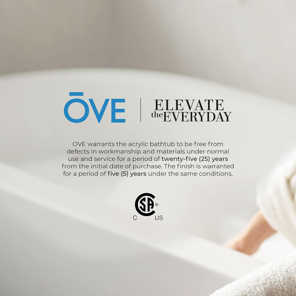 OVE Decors Ayago 59 in. Solid Surface Freestanding White Acrylic Soaking Bathtub, with Overflow and Brushed Gold Pop-up Drain