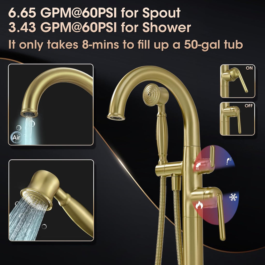 Freestanding Tub Faucets, Brass Freestanding Bathtub Faucet with Hand Shower, Floor Mount Tub Filler with Sprayer Brushed Light Gold（WT-9811BG03）