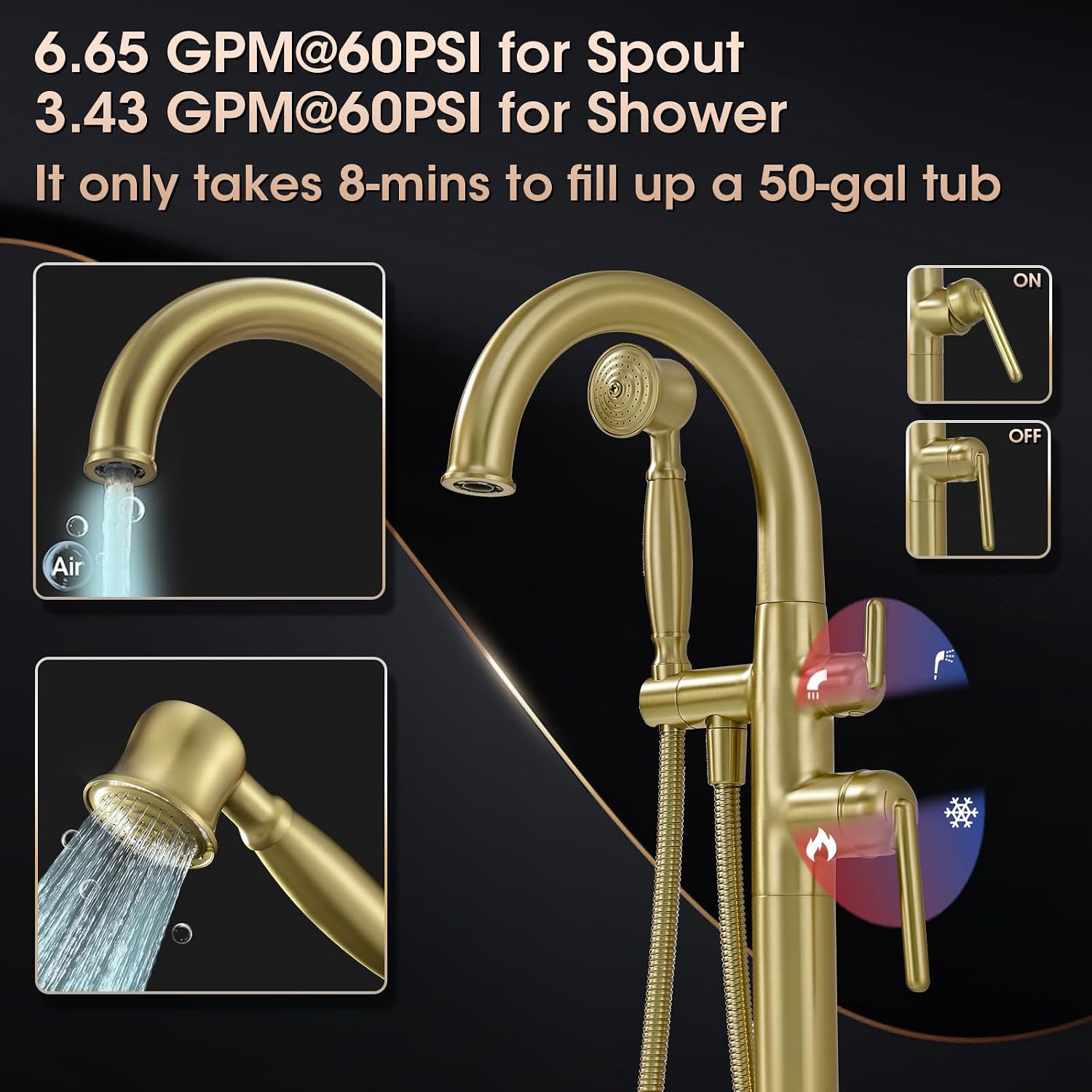Freestanding Tub Faucets, Brass Freestanding Bathtub Faucet with Hand Shower, Floor Mount Tub Filler with Sprayer Brushed Light Gold（WT-9811BG03）