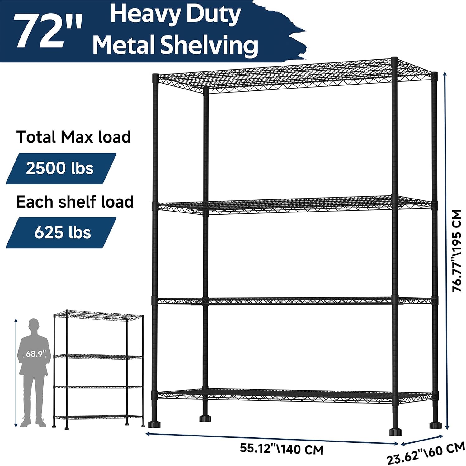 Whitmor 4 Tier Storage Shelves with Wheels, Heavy Duty Metal Shelving Unit, 625 lbs Capacity per Shelf, 2500 lbs Total for Kitchen, Garage, Plant, 55' L x 24' W x 72' H, Black