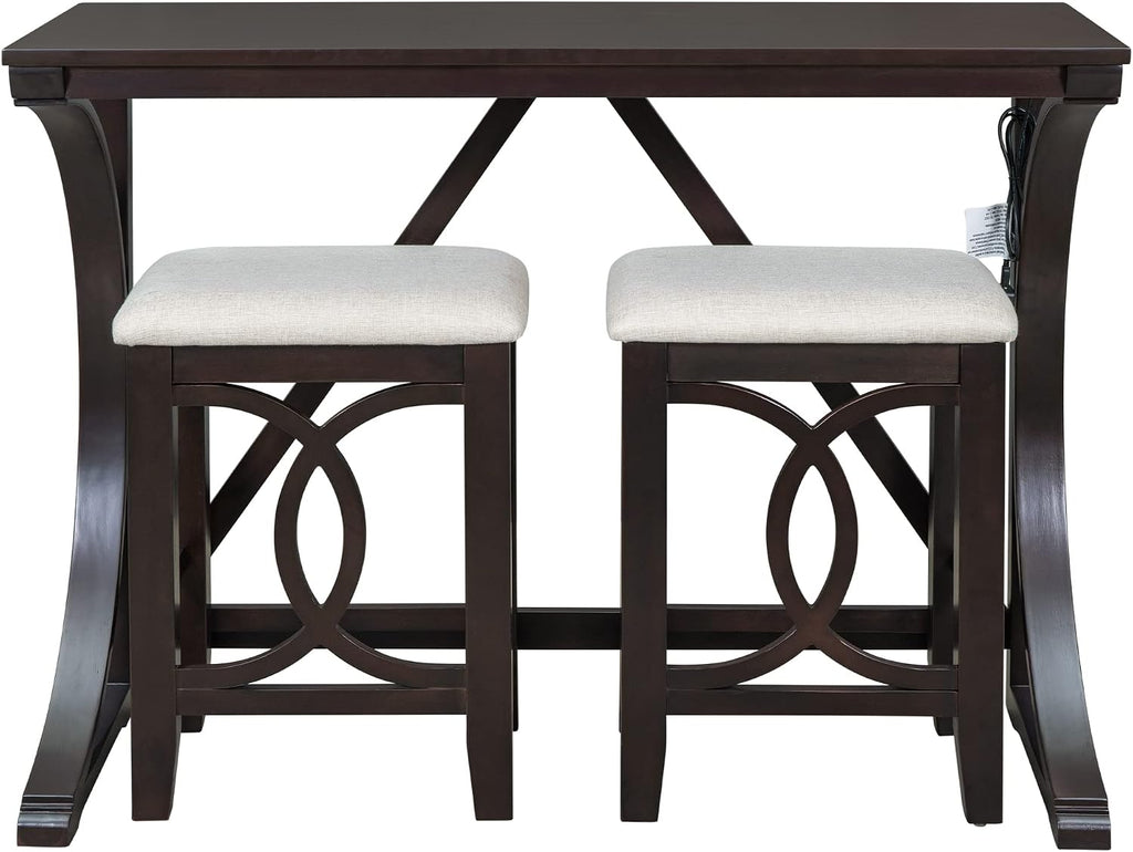 Polibi 3-Piece Farmhouse Counter Height Dining Set, Wood Kitchen Dining Table Set with USB Port and 2 Upholstered Stools for Small Places (Espresso)