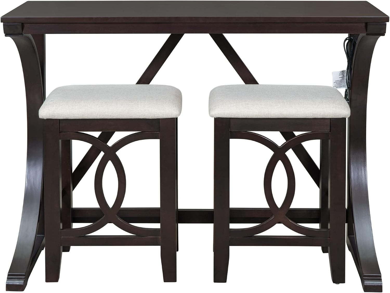 Polibi 3-Piece Farmhouse Counter Height Dining Set, Wood Kitchen Dining Table Set with USB Port and 2 Upholstered Stools for Small Places (Espresso)