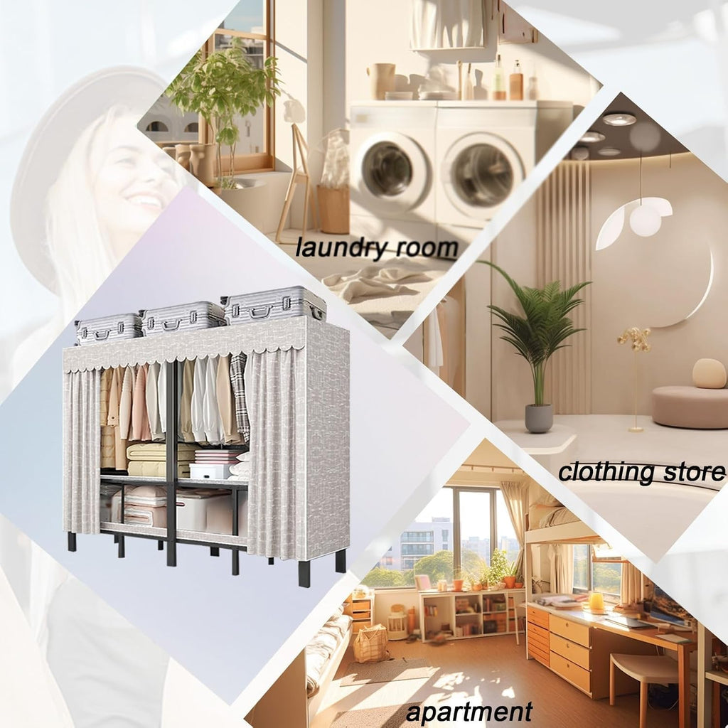 Wardrobe Clothes Organizer - Heavy Duty Metal Garment Rack With Fabric Cover And 2 Hanging Rods, Portable Foldable Wardrobe Closet, Fabric Wardrobe Closet, Load 1200 Lbs For Hanging Clothes(242cm/95.3