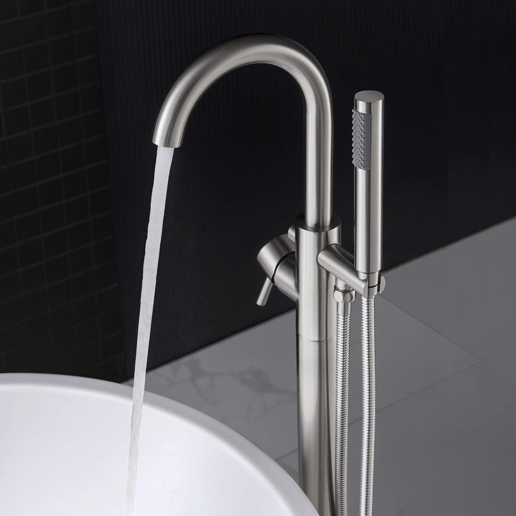 Woodbridge F0001 BN Freestanding Tub Filler Bathtub Brushed Nickel Floor Mount Brass Bathroom Faucets with Hand Shower