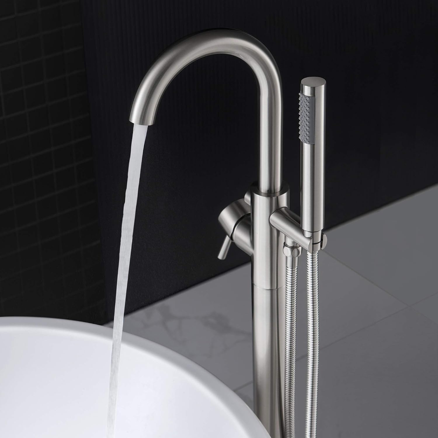Woodbridge F0001 BN Freestanding Tub Filler Bathtub Brushed Nickel Floor Mount Brass Bathroom Faucets with Hand Shower