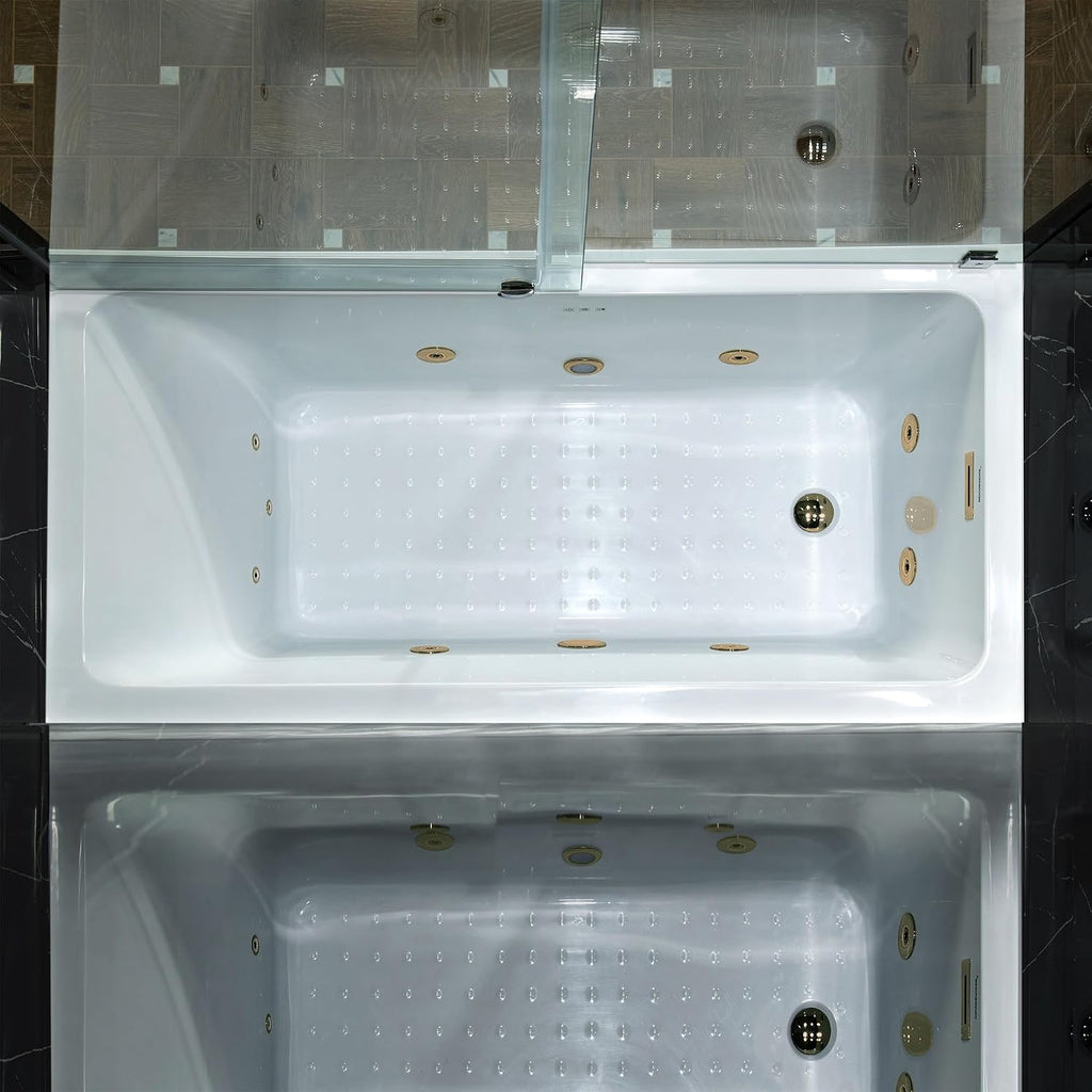 WOODBRIDGE 60' x 30' Alcove Acrylic Rectangular Whirlpool Heated Jetted Tub in White with Left Drain, Brushed Gold Finish Trim and Drain Kit Included, BS428-L-BG03