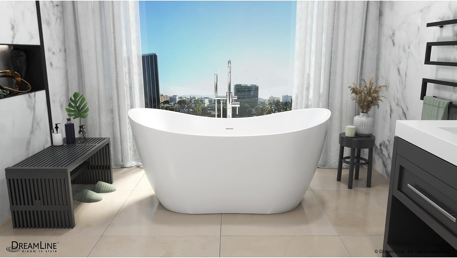 DreamLine Nile 67 inch L x 28 3/8 inch W x 28 3/8 inch H Freestanding Acrylic Bathtub with Brushed Nickel Drain