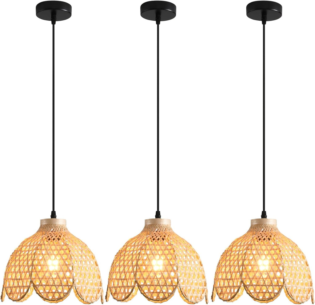 3-Pack Boho Pendant Light Fixture 9.8' Bamboo Hanging Light Mini Rattan Pendant Light,Woven Wicker Shade Rattan Chandelier for Dining Living Bedroom Kitchen Farmhouse