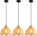 3-Pack Boho Pendant Light Fixture 9.8' Bamboo Hanging Light Mini Rattan Pendant Light,Woven Wicker Shade Rattan Chandelier for Dining Living Bedroom Kitchen Farmhouse