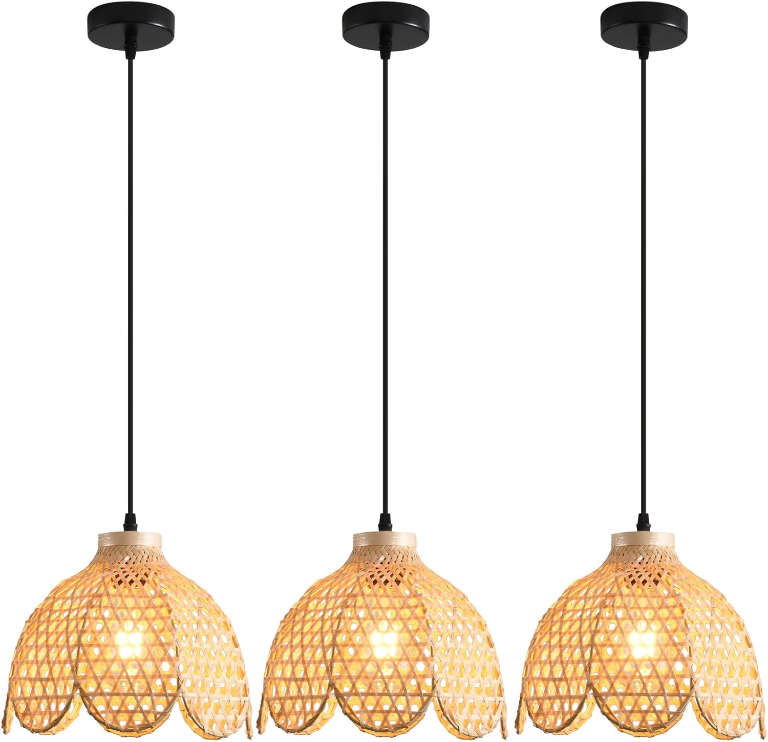 3-Pack Boho Pendant Light Fixture 9.8' Bamboo Hanging Light Mini Rattan Pendant Light,Woven Wicker Shade Rattan Chandelier for Dining Living Bedroom Kitchen Farmhouse