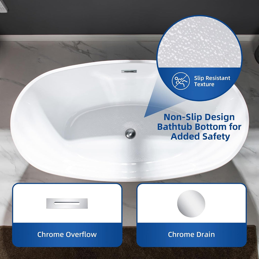 WOODBRIDGE 59' Acrylic Freestanding Bathtub Contemporary Soaking White Tub with Chrome Overflow and Drain,B0018-C