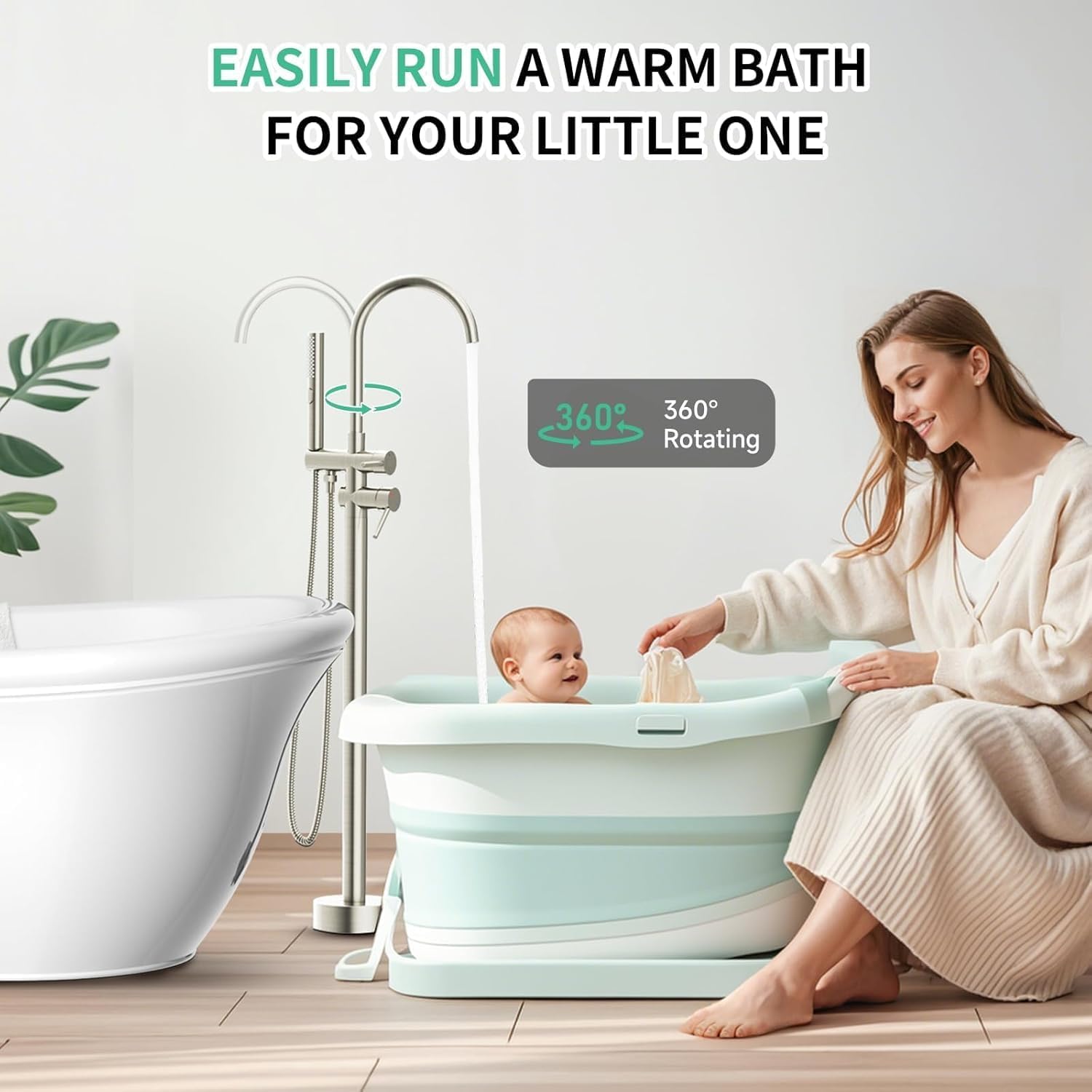 Free Standing Bathtub Faucet Set: SR SUN RISE Floor Mount Tub Filler with 3-Function Handheld Shower Head, Brushed Nickel High Flow Brass Freestanding Shower Faucet