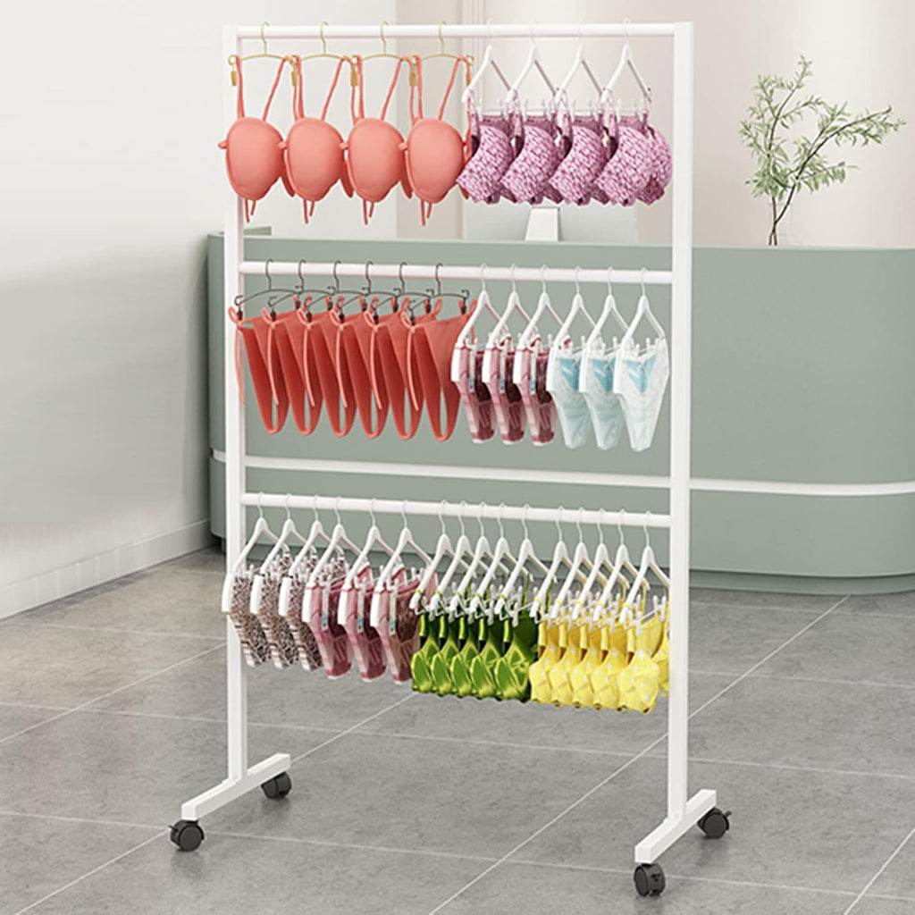 Scarf Display Rack Freestanding Metal Organizer with Wheels, 3-Tier Shelves for Bedroom/Boutique - Underwear Panty Shorts Bra Stand for Clothes White-60×40×135CM
