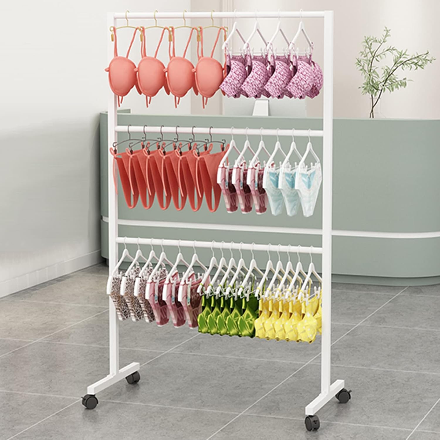 Scarf Display Rack Freestanding Metal Organizer with Wheels, 3-Tier Shelves for Bedroom/Boutique - Underwear Panty Shorts Bra Stand for Clothes White-60×40×135CM