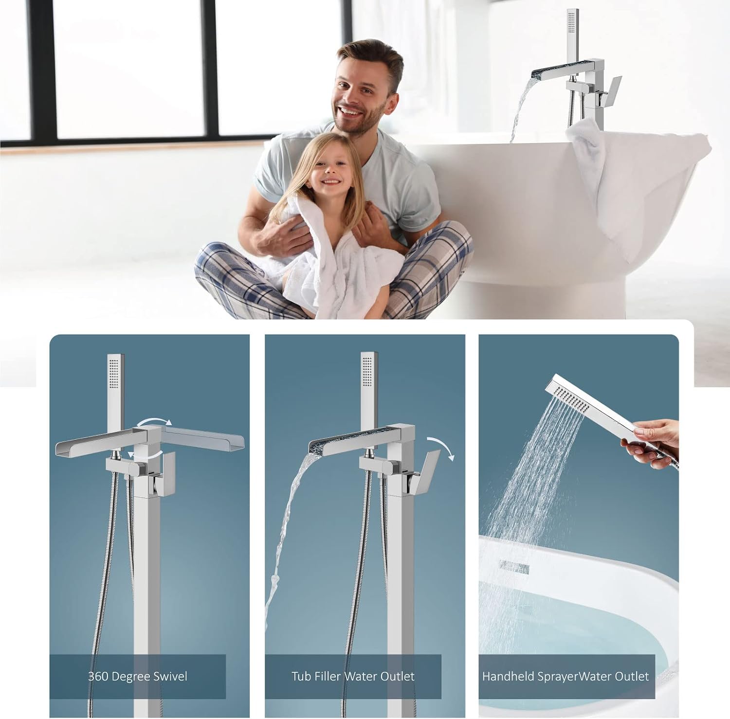 Aolemi Freestanding Bathtub Faucet Floor Mount Tub Filler Single Handle Brass Standing Bathtub Tap with Handheld Spray Swivel Right Angle Waterfall Spout Polish Chrome