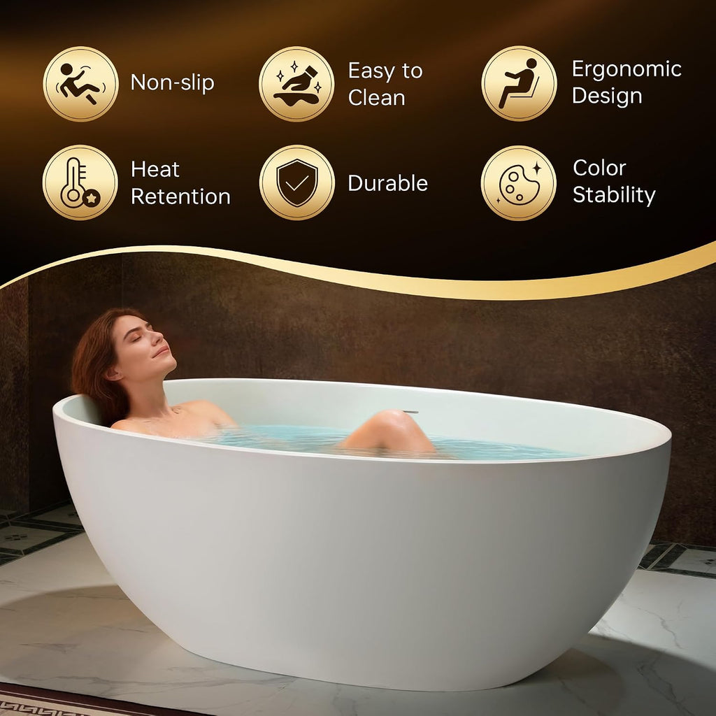 WOODBRIDGE 59' Stone Resin Freestanding Soaking Tub, Modern Oval Solid Surface Bathtub with Integrated Slotted Overflow & Drain, Matte White, B0055