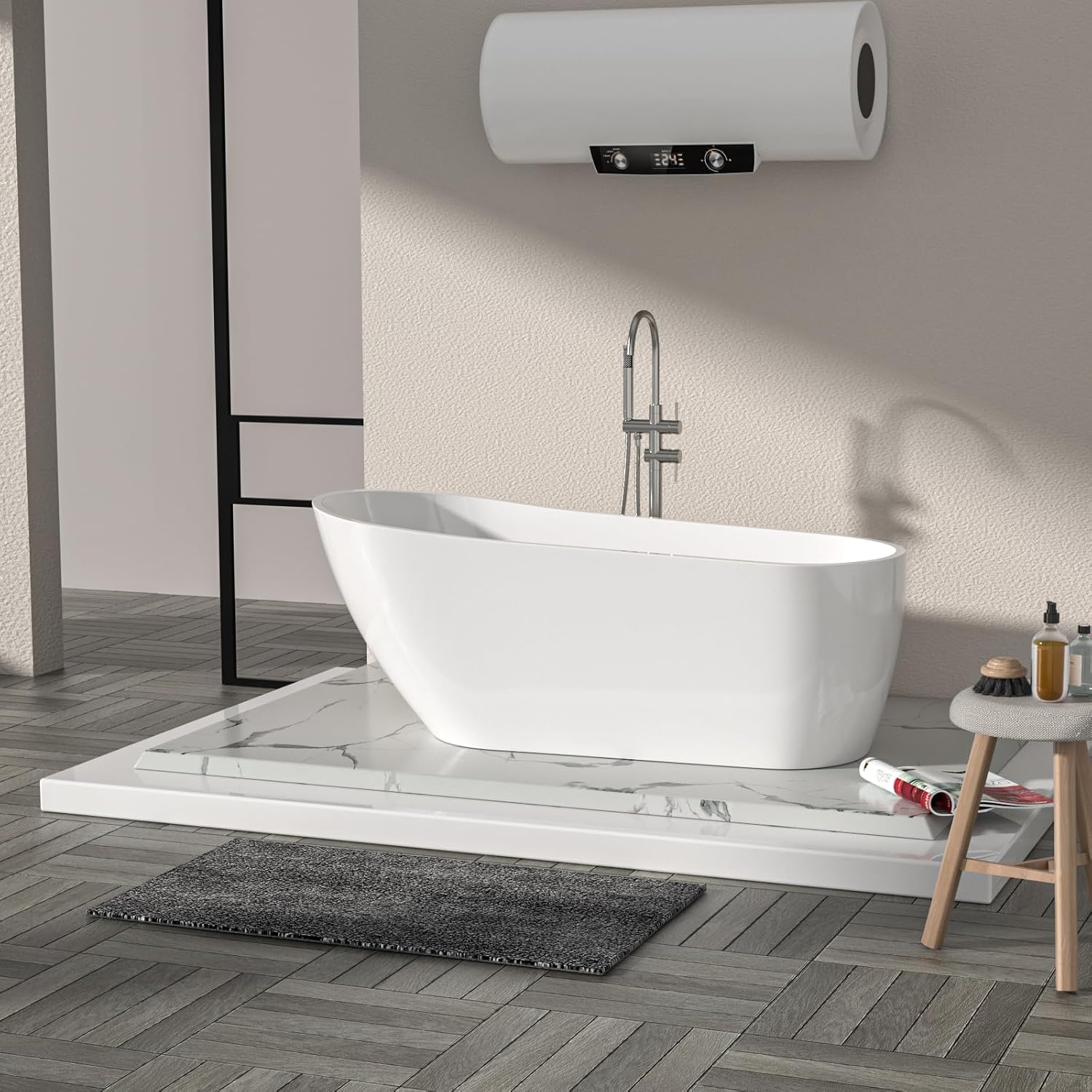 Logmey 67 Inch White Acrylic Freestanding Bathtub Oval Shape Soaking Tub with Chrome Drain & Overflow Assembly for Classic and Modern Bathrooms