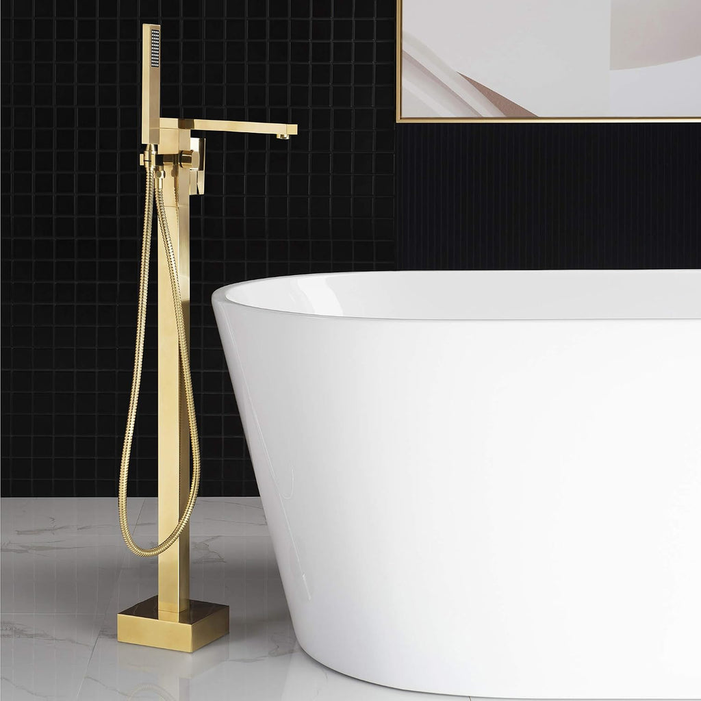 WOODBRIDGE F0008BG Contemporary Single Handle Floor Mount Freestanding Tub Filler Faucet with Hand Shower in Brushed Gold Finish